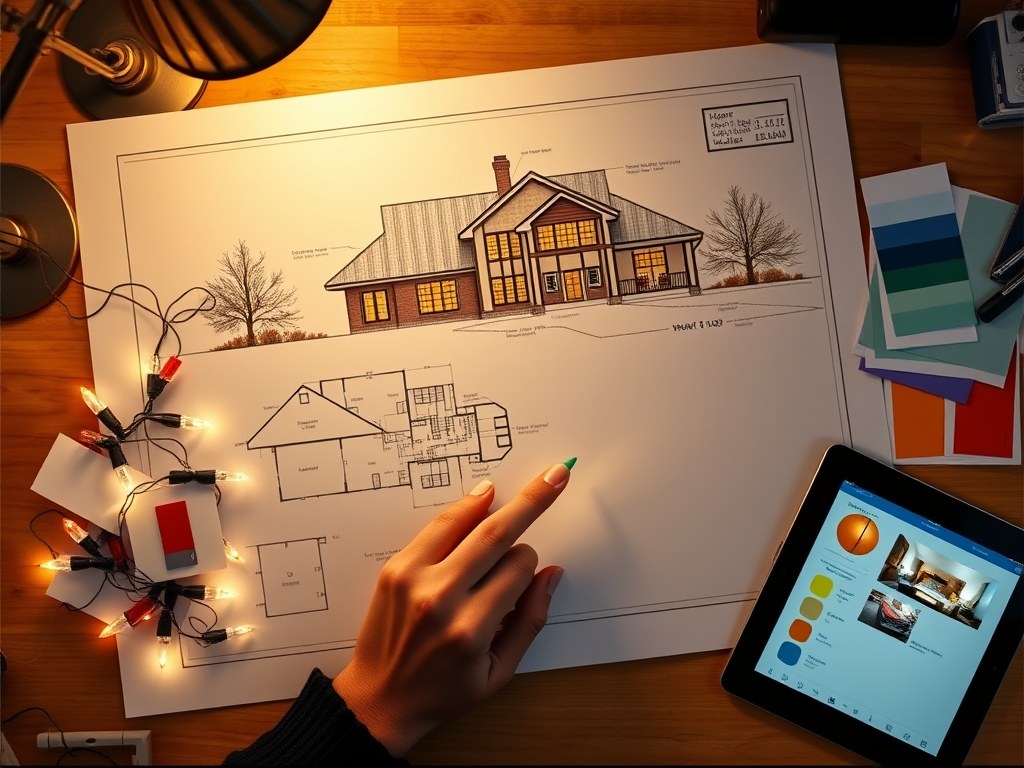 Custom holiday lighting design with home elevation plans and LED samples